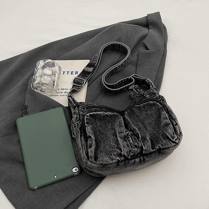 Vintage Denim Shoulder Bag Women's Large Capacity Messenger Bag Multi-pockets Satchel Bags Adjustable Strap Ladies Crossbody Bag
