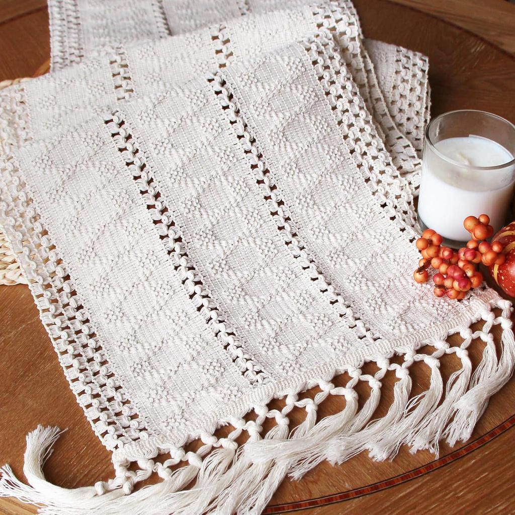 Nordic Light Luxury Cotton Linen Color Block Tassel Table Runner