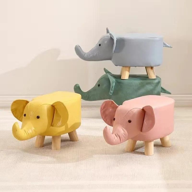 Solid Wood Stool Cartoon Animal Elephant Stool Home Living Room Fashionable Creative Durable Leather Footstool Home Decoration