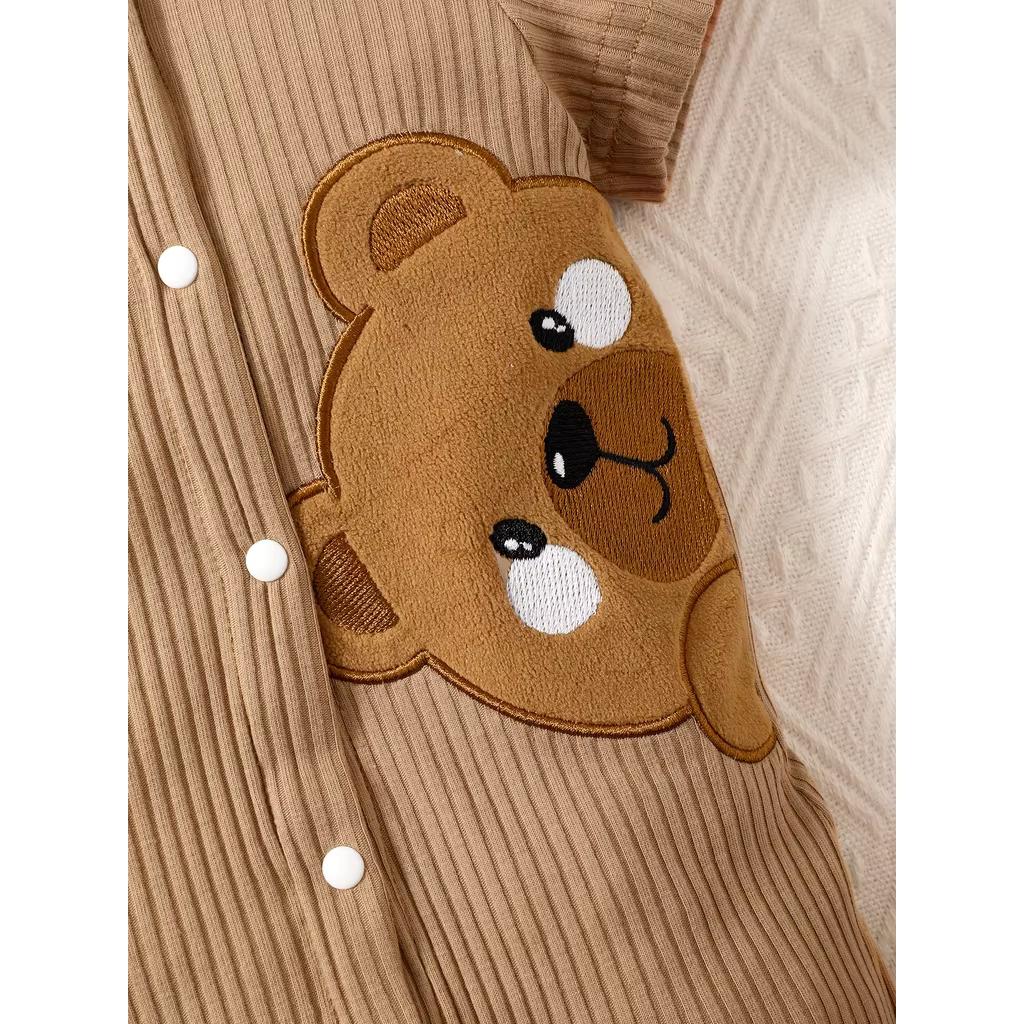 0-9 Monate Neugeborenes Baby Junge Mädchen Gerippt Braun Kurzarm Bär Print Mit Kapuze Strampler Mode Süßer Jumpsuit Foto Outfit