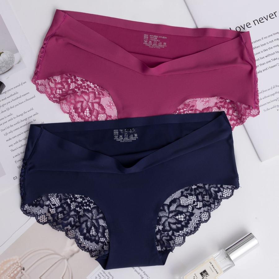 2 pcs Lace Waistband Seamless Wire-Free Lace Cotton Breathable Sexy Cute Plus Size Girls Triangle Panties