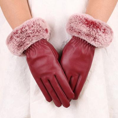 Warm Leather Gloves Plus Velvet Thickened Women's Imitation Rabbit Fur Mouth Gloves PU Leather Touch Screen Autumn and Winter Gloves