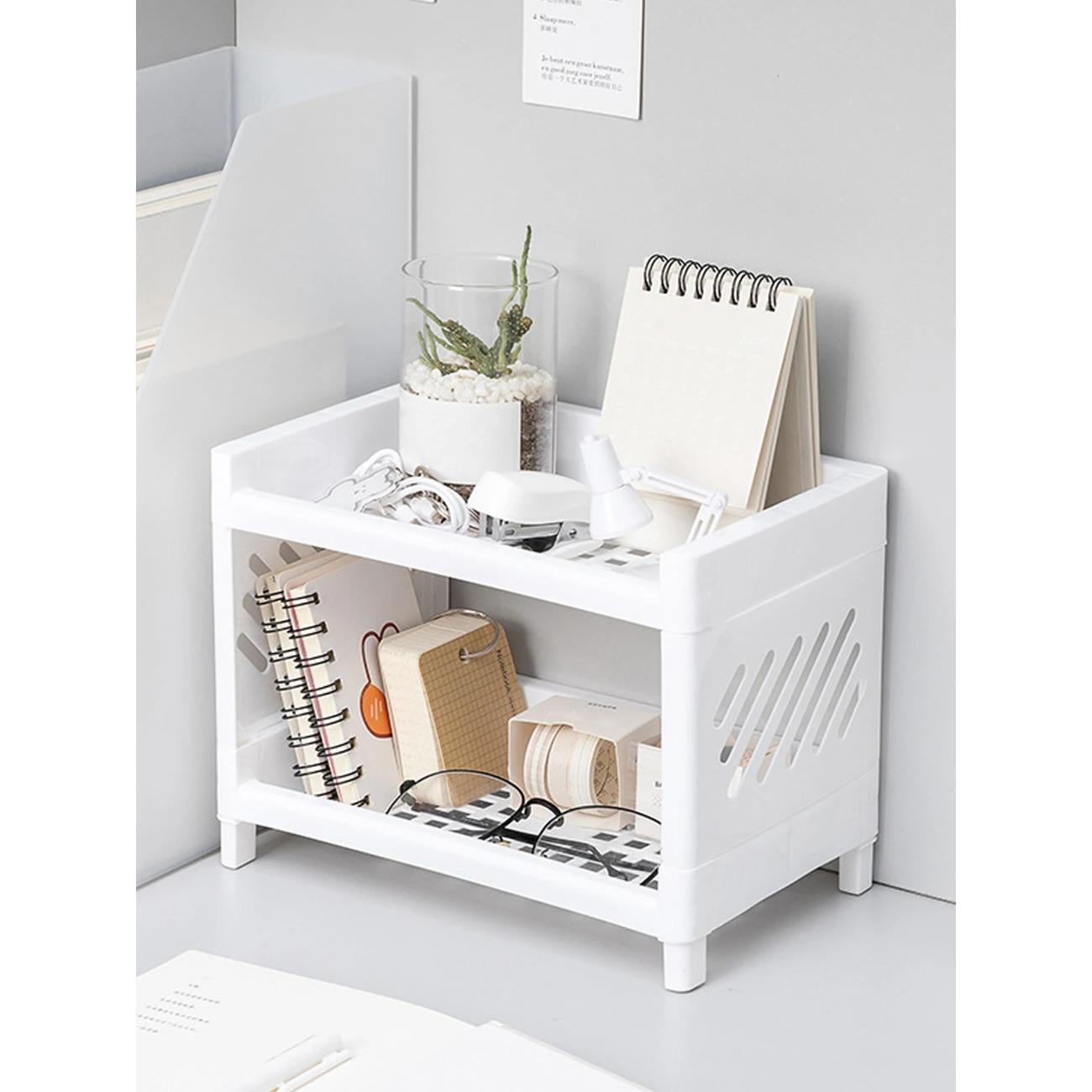 

Minimalist Desktop Double-Layer Organizer Rack Household Polymer Restroom Small Stationery Organizing Pure White-colored Versatile