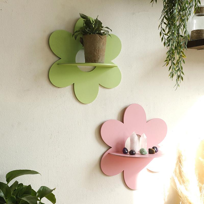 Flower Shape Wall Storage Holder Wooden Wall Art Wall Decoration Floating Plant Shelf For Bathroom Living Room Gift