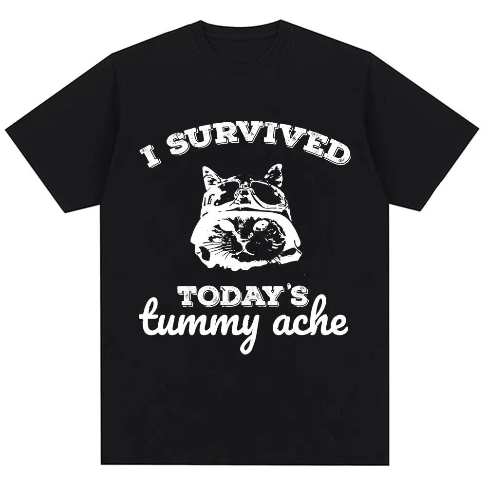 Thousand Yard Stare Cat Funny I Survived Meme Tshirt Humor Style Vintage T Shirt Men Women Oversized Casual Streetwear Daily
