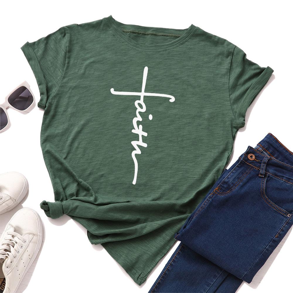 Summer Round Neck Heart-shaped Letter Faith Printed Top Fashionable Casual Pure Cotton Short Sleeved Women's T-shirt