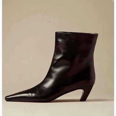 Pointed Toe Cat Heel Party Boots for Women Soft Leather PU Design Low Heel Wide Mouth French Style Ankle Boots Botines Mujer