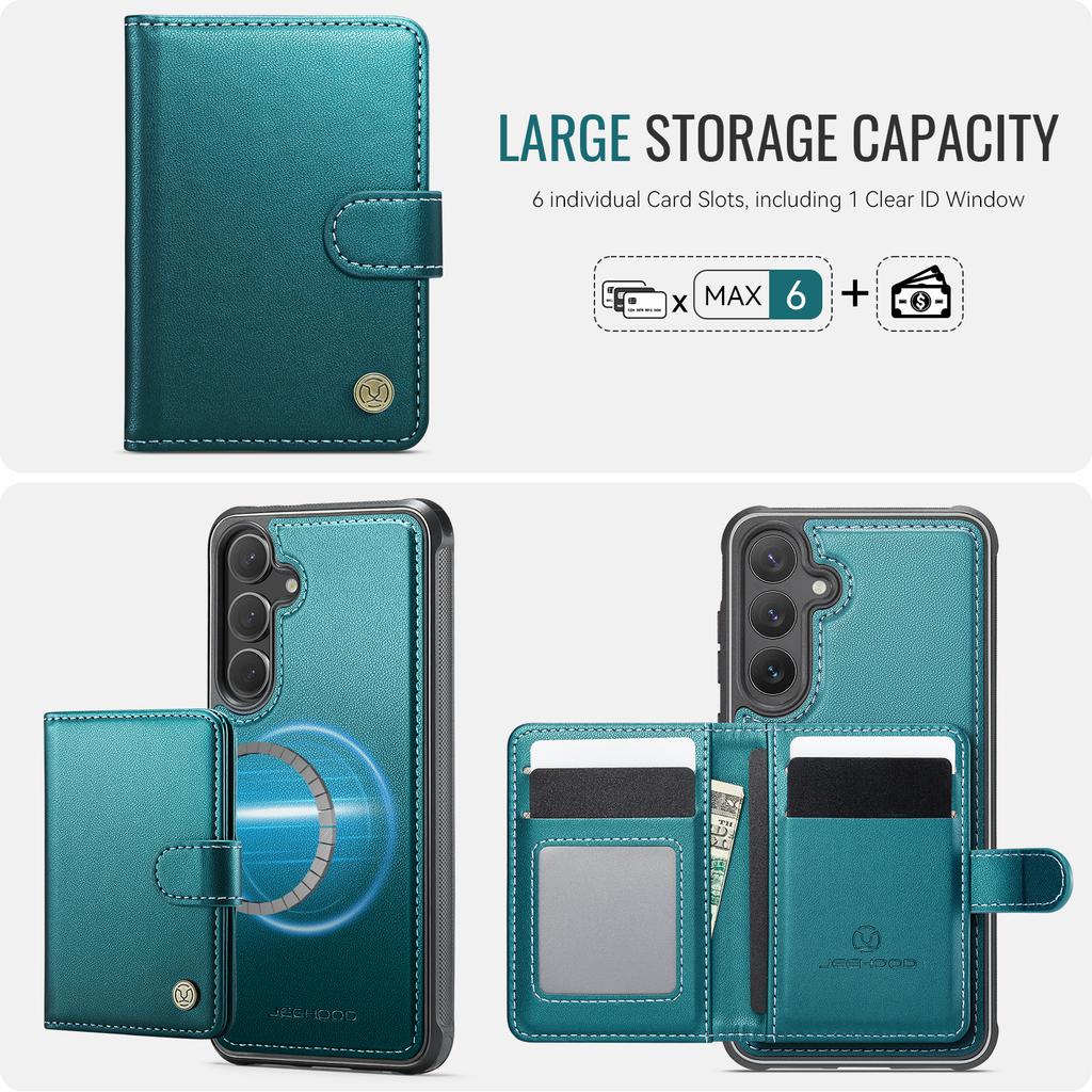 For Samsung Galaxy S25 FE Case JEEHOOD J09 RFID Blocking Card Holder Leather Back Phone Cover Magnetic Case