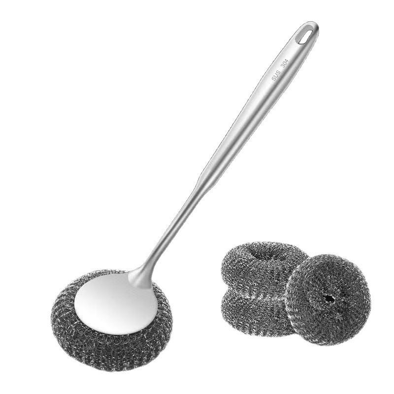 Stainless Steel Pot Cleaning Brush with Long Handle and Large Steel Wool Ball