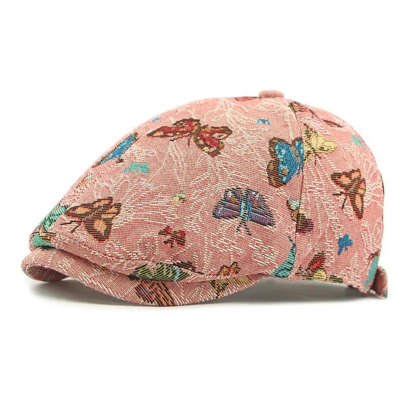 

Spring and Summer Polyester Cartoon Butterfly Print Newsboy Caps Octagonal Hat Men and Women Painter Beret Hats 30 55-59m wear розовый