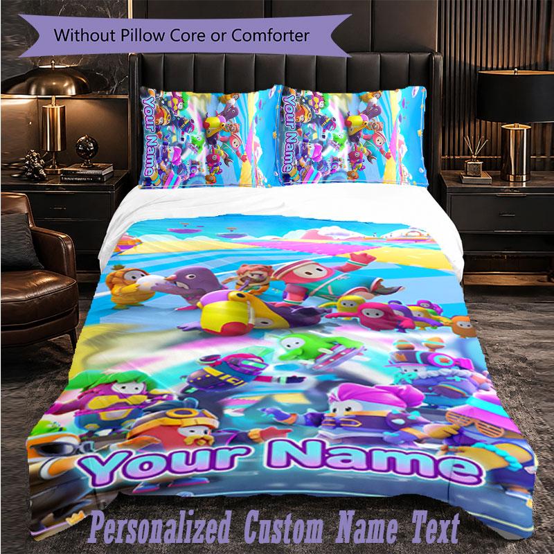 Personalized 3Pcs Bedding SetFall Guys Custom Text Duvet Cover Pillowcase Set Bedroom Gift