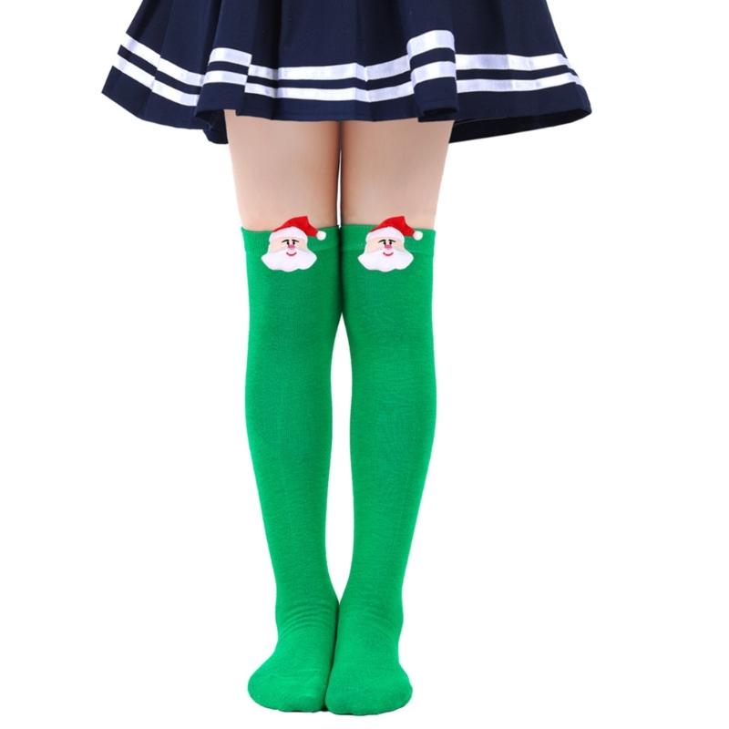 Cartoon Santa Christmas Stockings for 6-10Y Children Over the Knee Socks for Little Girls Unisex Winter Striped Socks