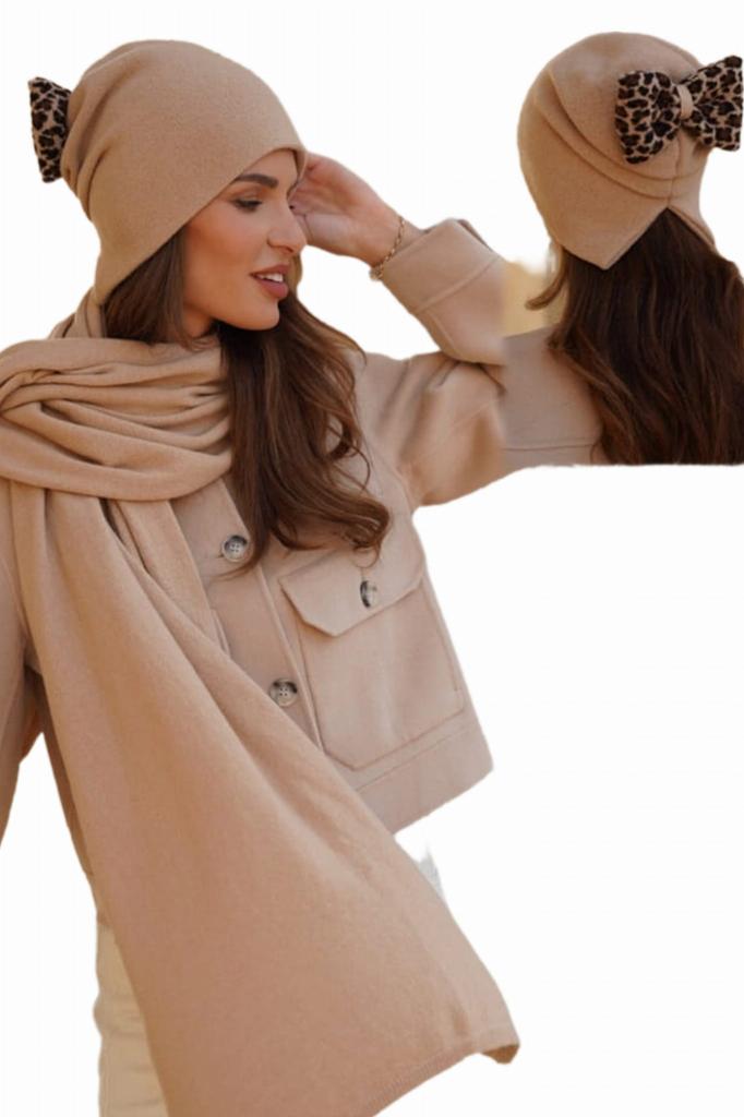 Winter Woolen Hat with Leopard Bow Camel Kamea-Kiku