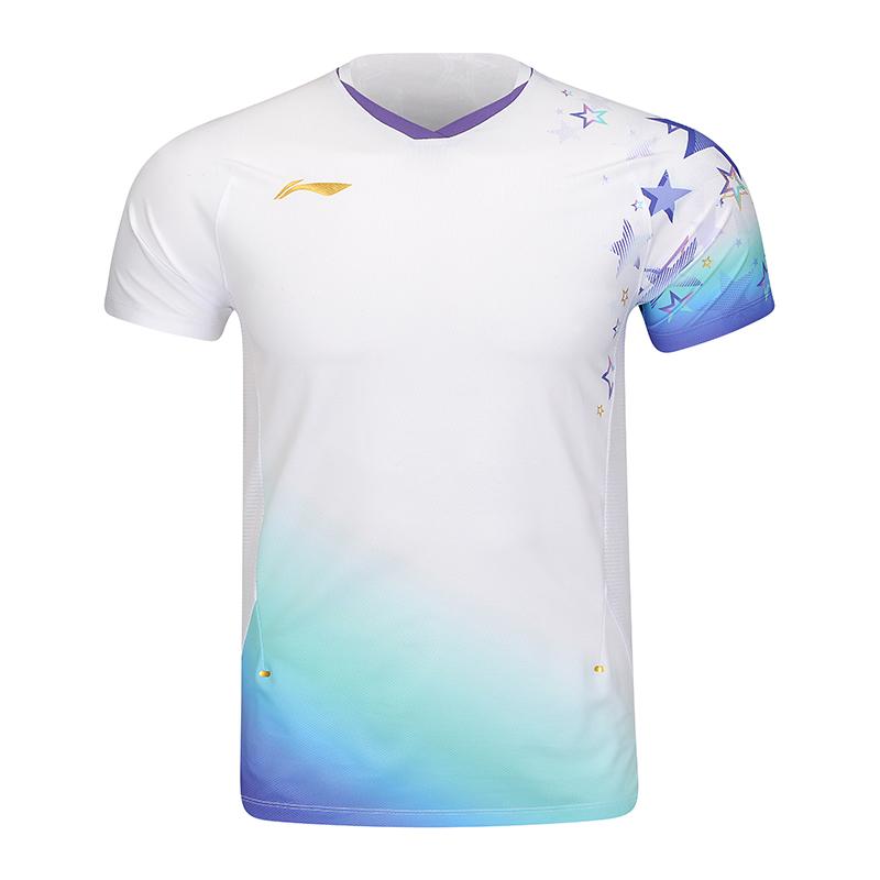 Li Ning Badminton Series Star Letter Gradient Comfortable Breathable Versatile Short Sleeve Badminton Shirt Men Tops White AAYV041-2