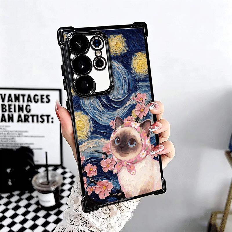Cute Floral Headscarf Kitten Plating Phone Case For Samsung Galaxy S24 S25 FE S26 Edge S23 Ultra S22 S21 Plus S20 Anti-Fall Aira