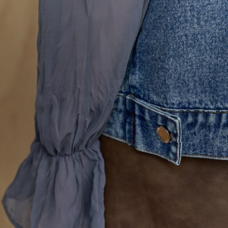 MAXZA Denim Vest With Check And Ruffle Trimming