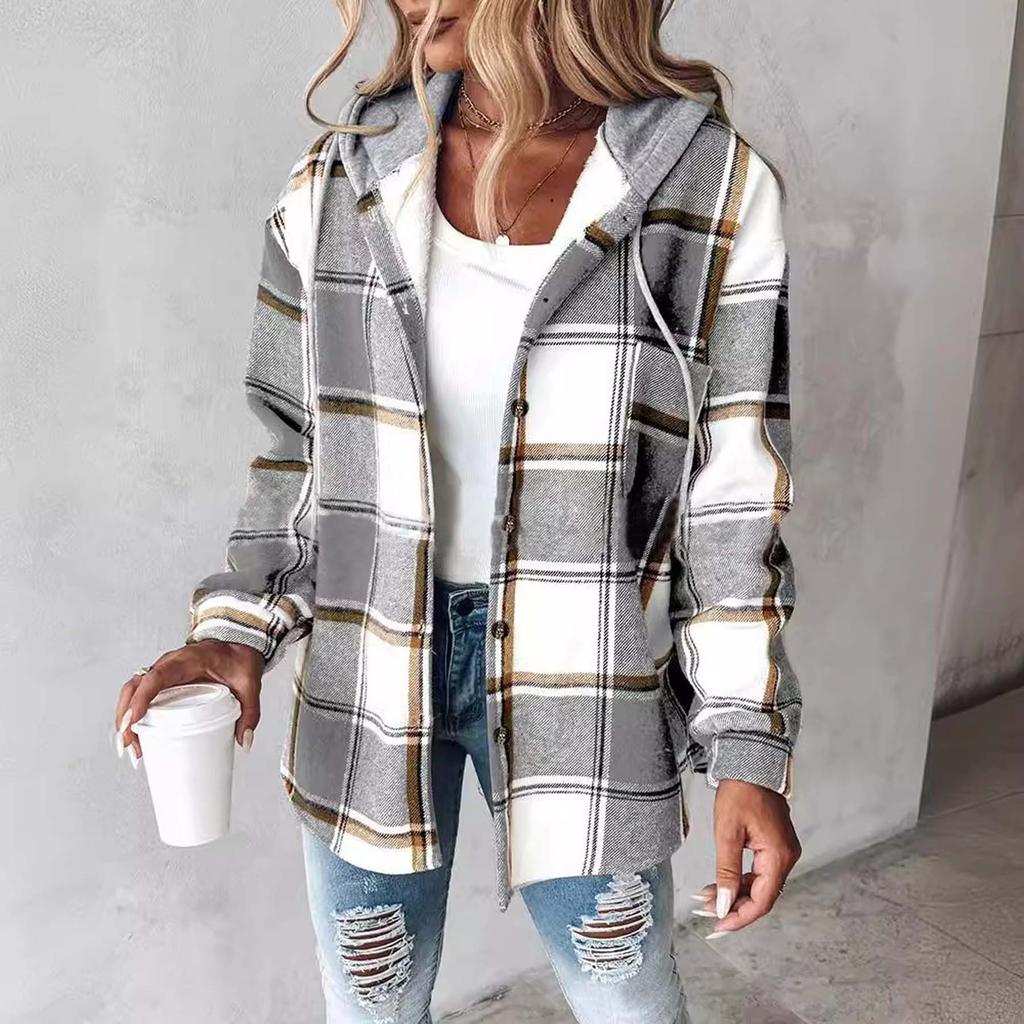 Women's Autumn Winter Casual Versatile Large Plaid Hooded Shirt Jacket, Loose Oversized Button Down Outerwear Coat