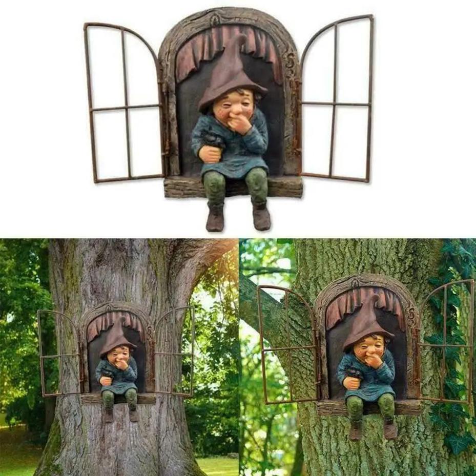 1 Pcs Naughty Garden Statue Elf Go Out Tree Hug Gnome Statue Elf Out The Door Window Tree Hugger Home Yard Tree Decor