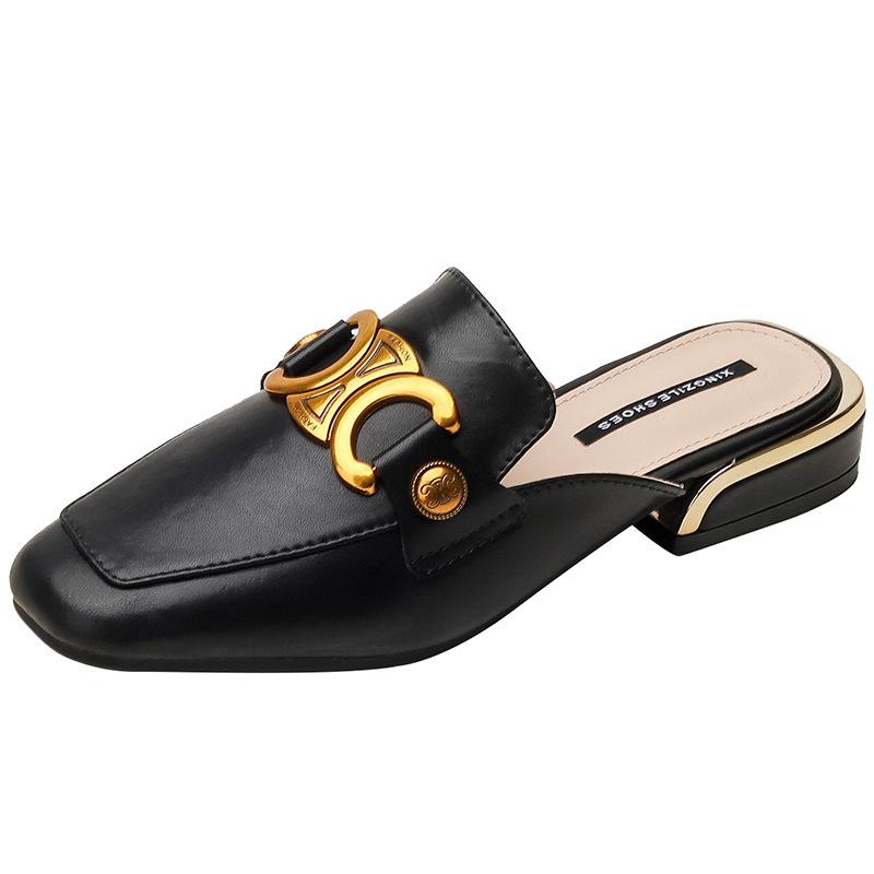 

Кожаные туфли Мюли женские новые крутые шлепанцы без каблука ленивые туфли низкий каблук толстый каблук летняя обувь сумка голова полушлепанцы 36 чёрный