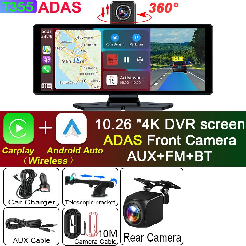 10.26" 4K Dash Cam ADAS Wireless Carplay & Android Auto Car Dvr 360 ° Rotation Dual Lens Dashboard Video Recorder 24h Park AUX