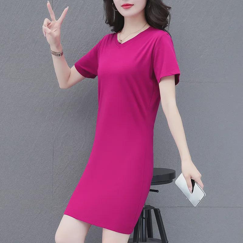 Mid-length 2024 Summer T-Shirt Dress - Loose, Slim, Round Neck, Age-Defying, Short-Sleeved Trend for Middle-Aged Women