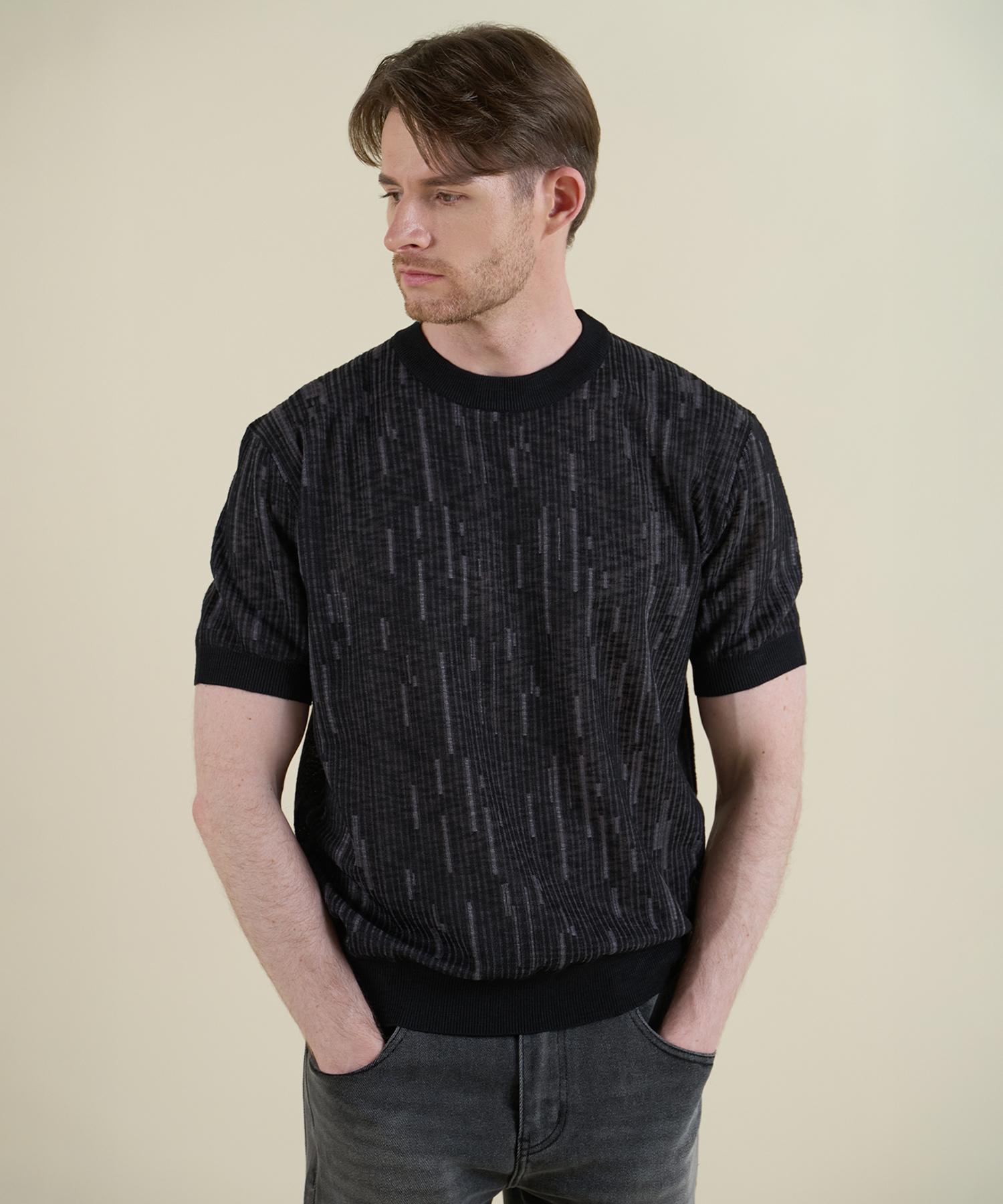 Panicalle Black Striped Short Sleeve Crew Neck Knit Black/M