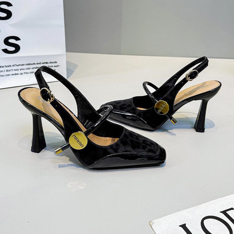 

French leopard print high heels thin heel square head with Mary Jane shoes 2025 new summer bag head empty sandals 35 чёрный
