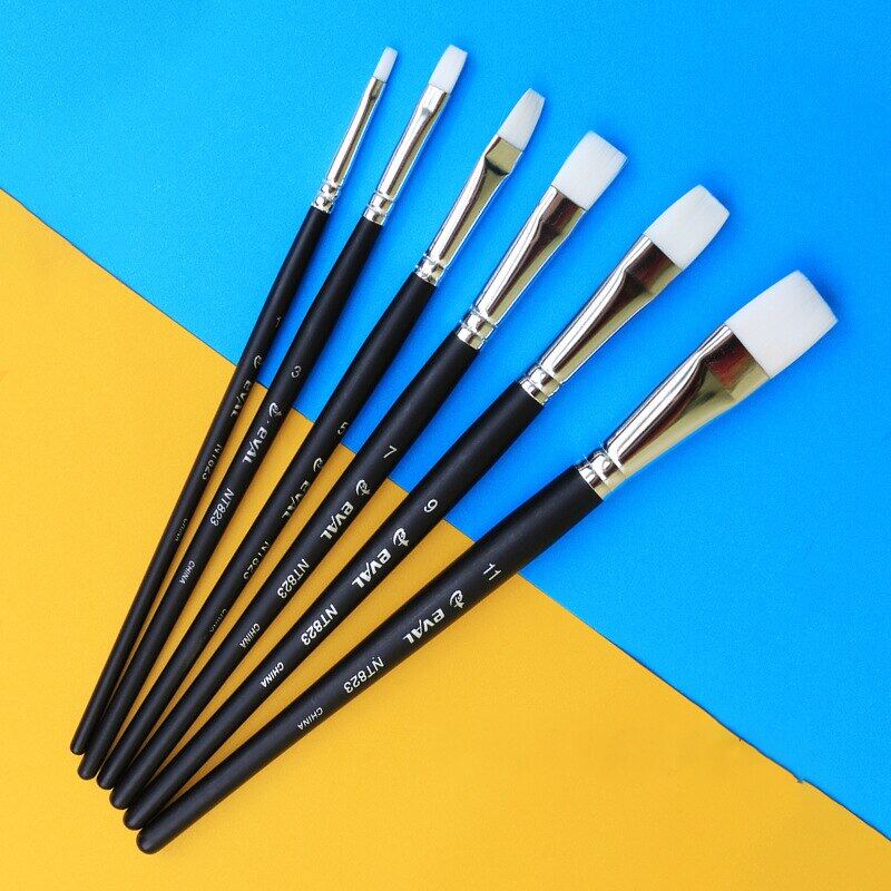 JOWOART Black Short Rod White Nylon Hair Flat Head 6 Pcs Paint Brush Gouache Watercolor Acrylic Oil Painting Set Art Tools Supplies