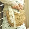 Women Cute Ribbon Straw Bags Summer Handmade Half Moon Beach Wild Totes Handbags