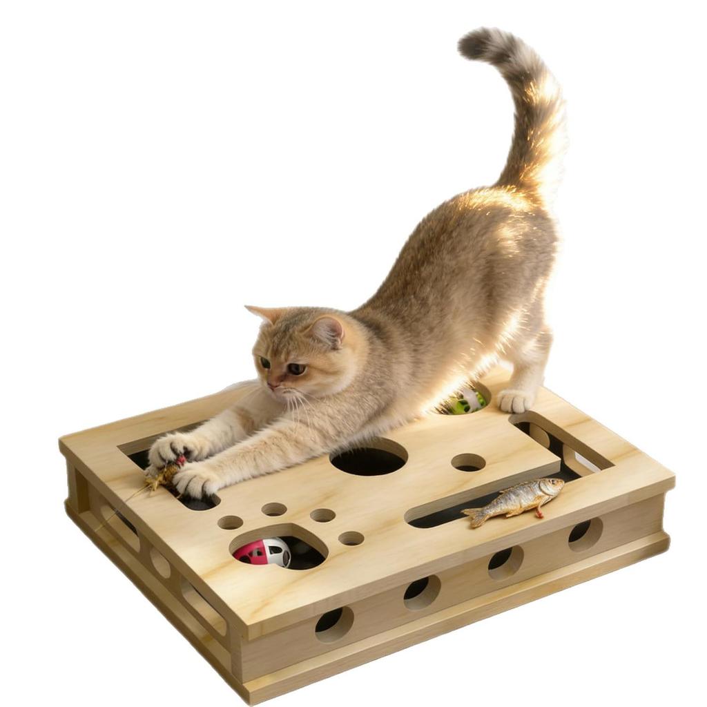 Solid Wood Cat Scratcher & Teaser: Interactive 3-in-1 Self-Entertainment, Nail Grinding, Educational Toy