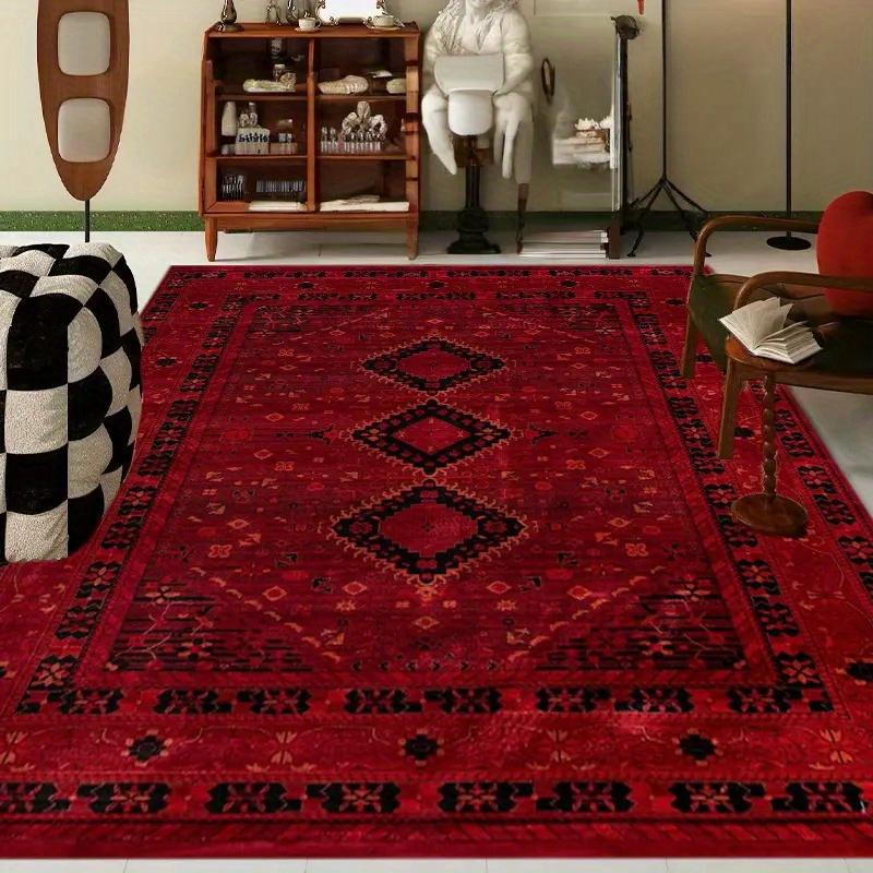 Extra Large Mat Non Slip Backing Machine Washable Vintage Bohemian Red Black Geometric Plush Floor Mat Living Room Bedroom
