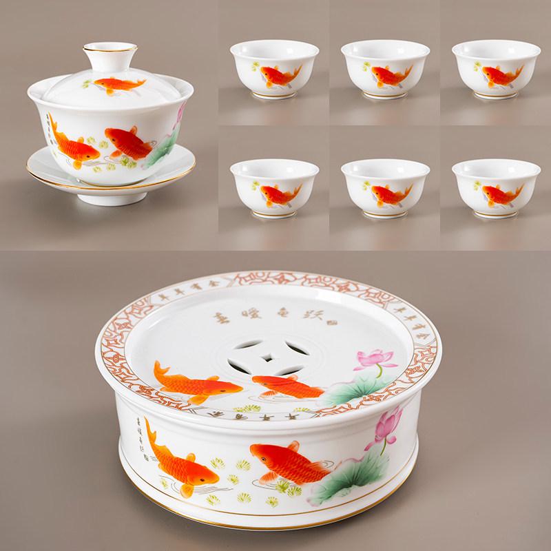 

Chaoshang Gongfu Tea Set: White Ceramic Teapot, Tea Tray, Cups, and Covered Bowls for Living Room