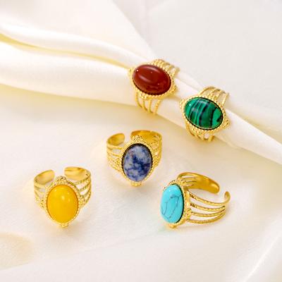 CARLIDANA Exquisite Colorful Rings Gold Plated Open Rings Stainless Steel Natural Red Turquoise Stones for Women Jewelry