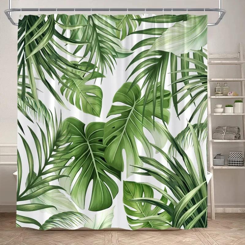 Leaves Shower Curtain Green PTropical alm Leaf Monstera Plant Bath Curtains Set Polyester Fabric Home Bathroom Decor with Hooks