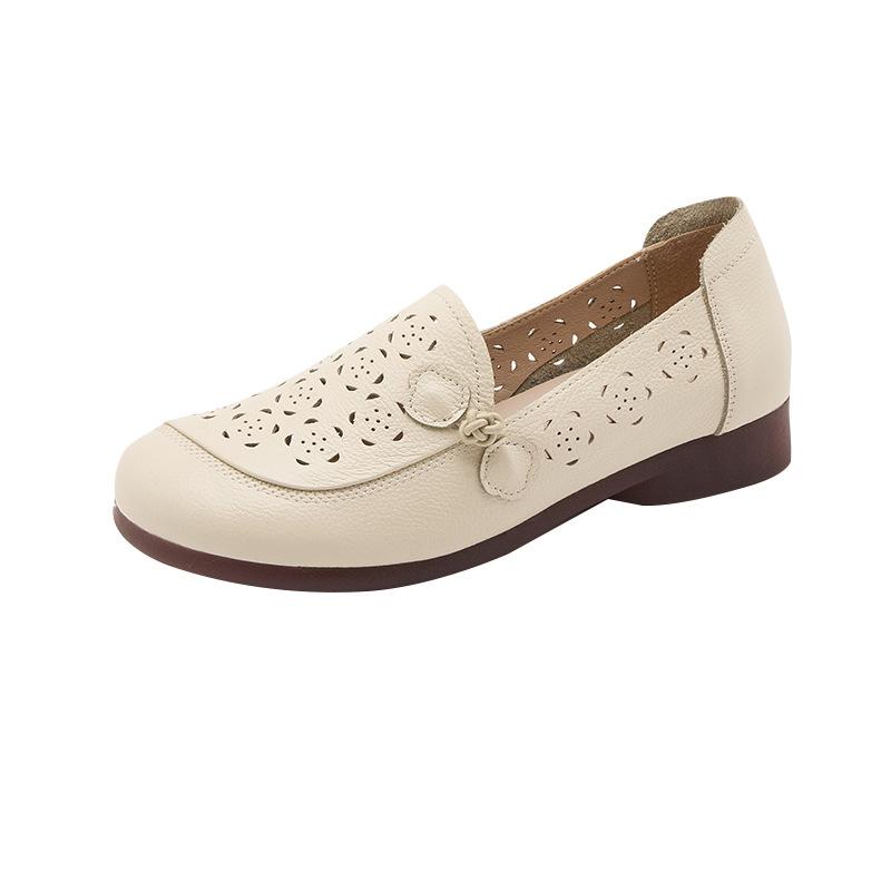 First layer cowhide 2025 women's summer round head flat bottom leather mother shoes women's soft sole hollow women's Korean version casual shoes