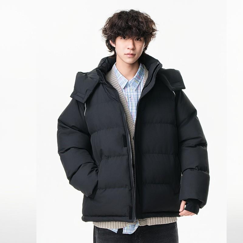 Winter Thick Warm Hooded Cotton Coat Loose Couple Style Solid Color Waterproof Jacket Men