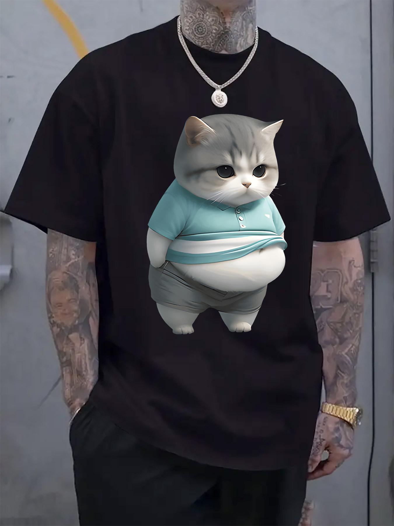 Casual Cat Print Tshirt - Stylish Round Neck Short Sleeve... S