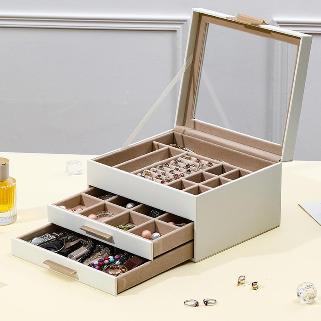 Multi Functional Jewelry Display Box Three Layers Clear Window PU Leather Construction Gold Hardware for Home Use