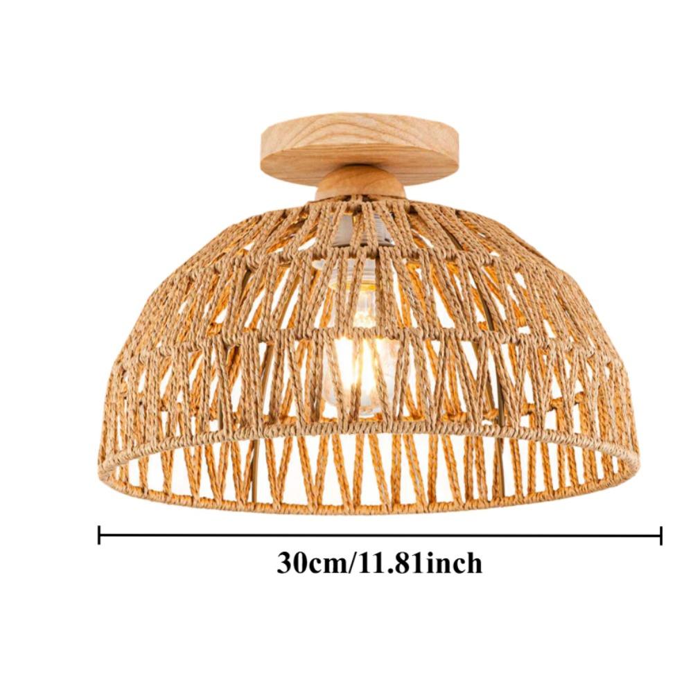 Boho Rattan Ceiling Light 30CM Lamp Shade Flush Mount Ceiling Light Handwoven Chandelier Wooden Base for Hallway Bedroom Kitchen