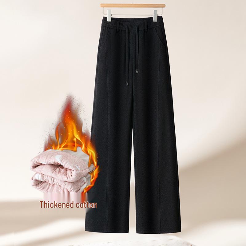 Women s 2025 Winter Velvet-Lined Wool Pants: Narrow Wide-Leg, Lace-Up, Straight-Leg, Northeast Cotton XL