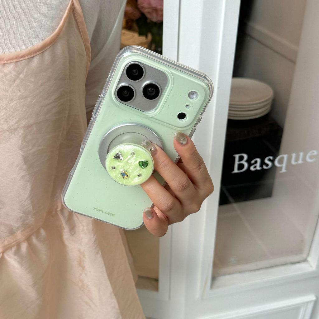 Minimalist Green Ink Splash Case with Gemstone Holder for iPhone 17 Pro Max/16/15/14