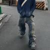 Spodnie jeansowe RO Style Gradient Ribbons Multi-pockets ze ściągaczem dla mężczyzn Harajuku Streetwear Baggy Y2K Denim Trousers Oversized Cargos