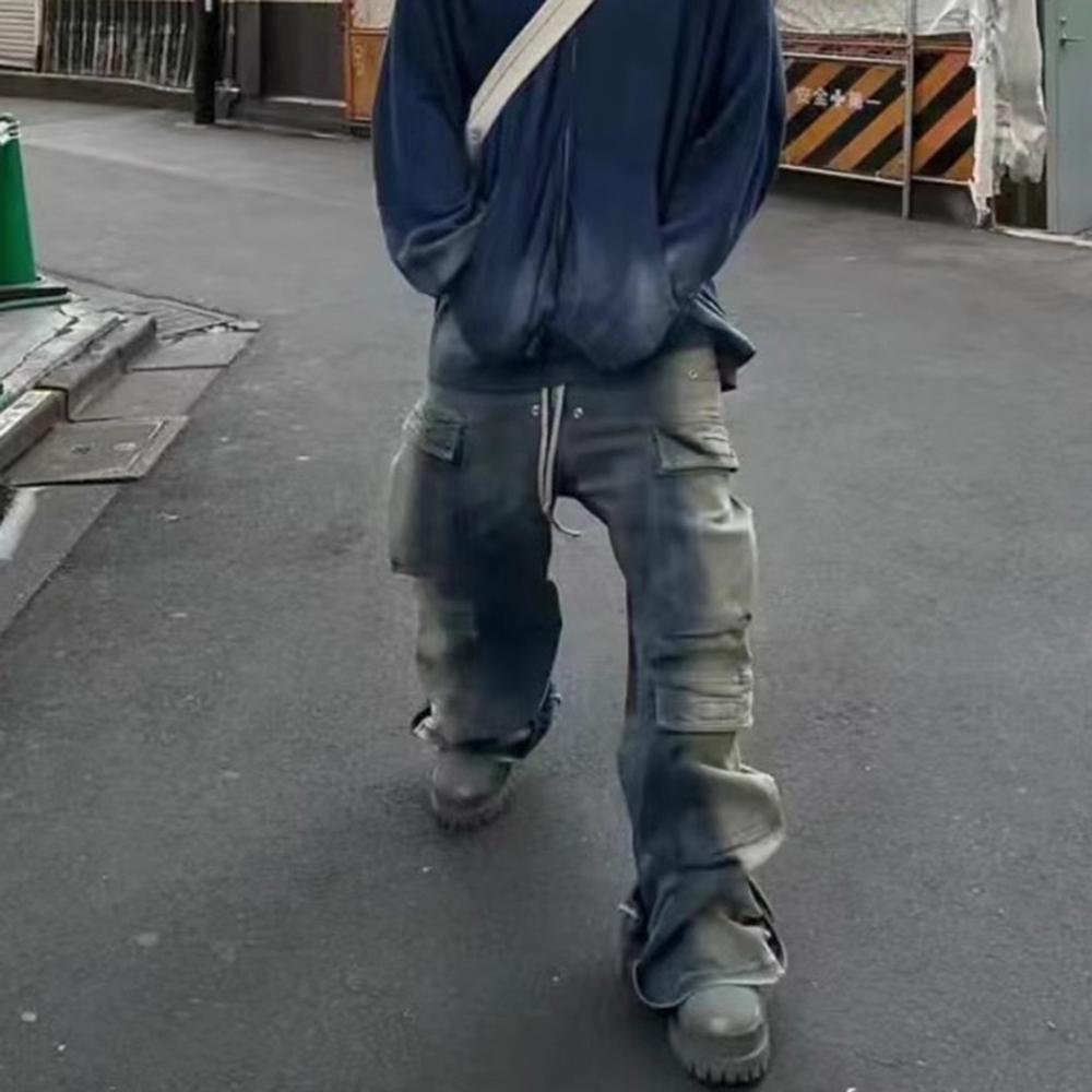 Spodnie jeansowe RO Style Gradient Ribbons Multi-pockets ze ściągaczem dla mężczyzn Harajuku Streetwear Baggy Y2K Denim Trousers Oversized Cargos