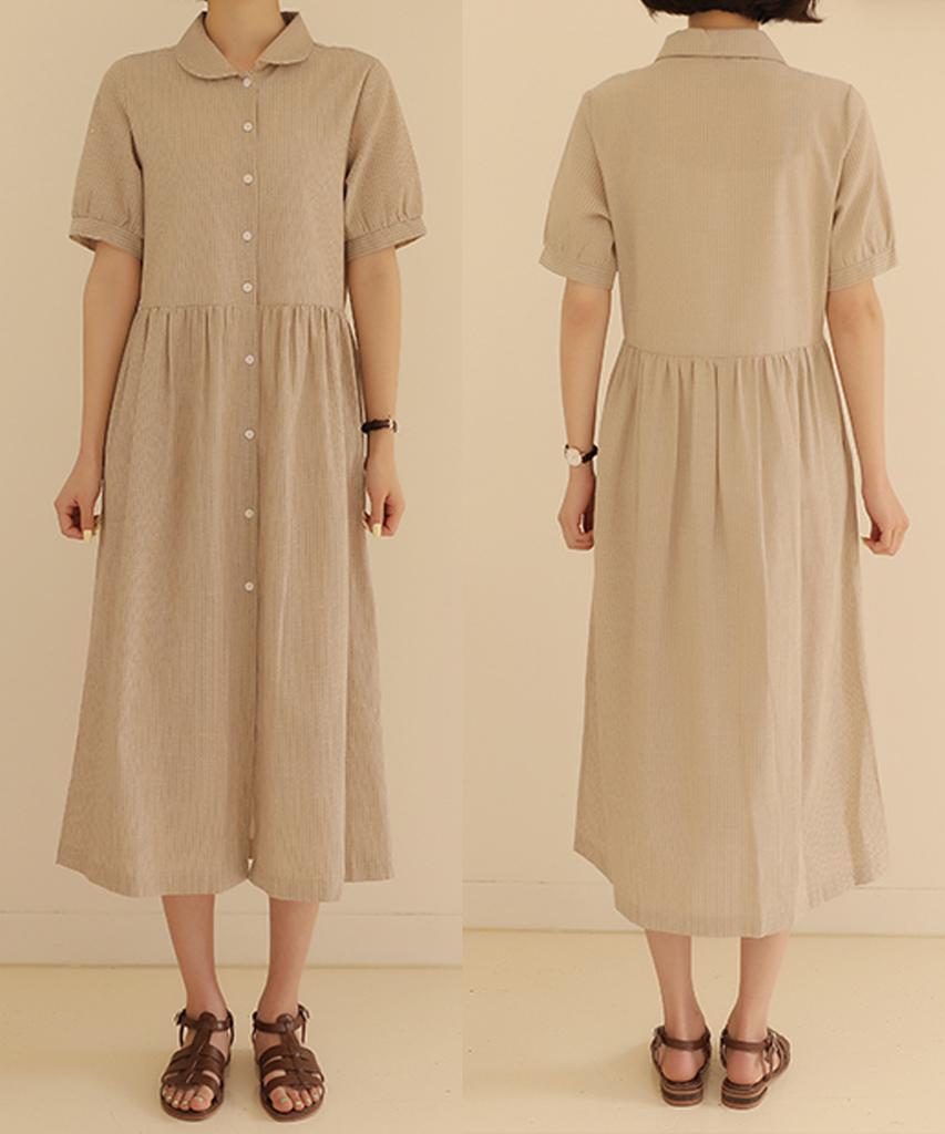 Ppaeppae Striped Collared Linen Long Dress