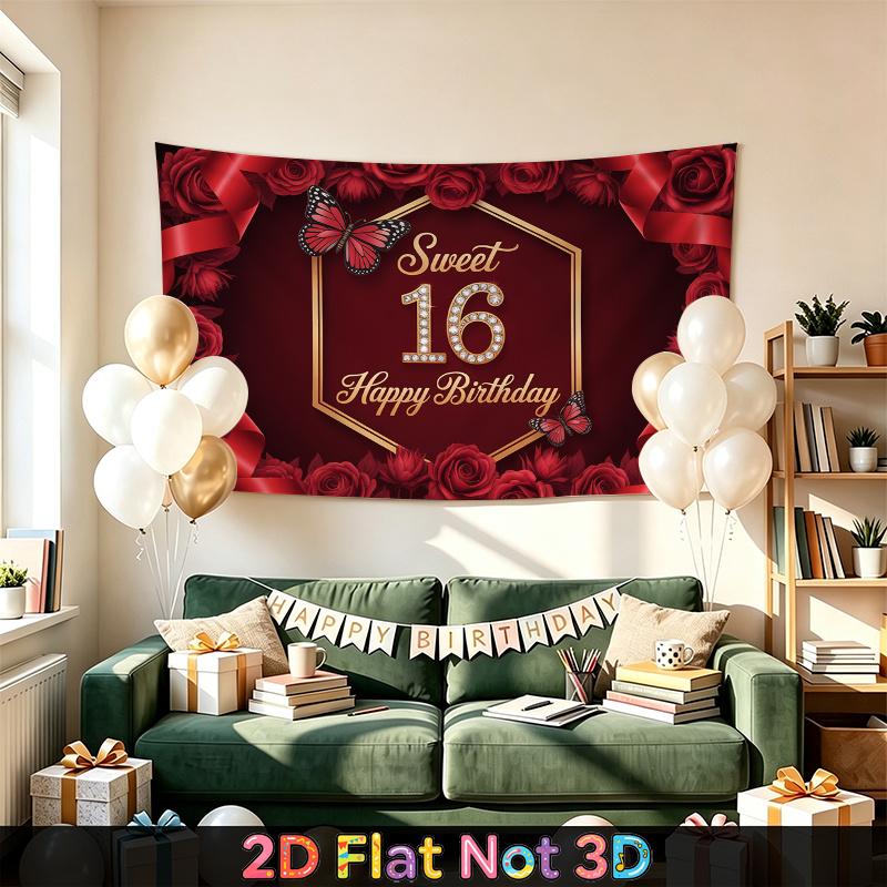 1pc Birthday 16th Rose Floral Luxury Party Banner Red