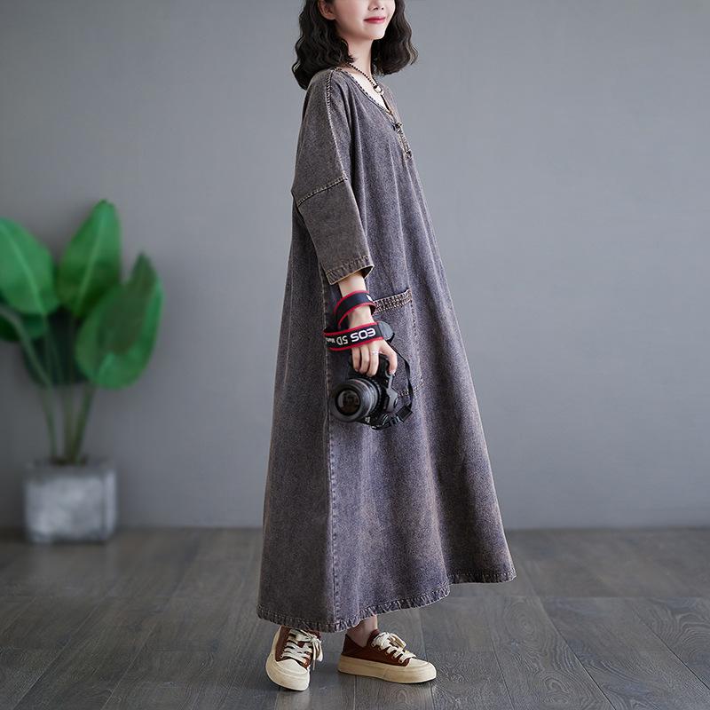 Vintage Style Denim Long Dress Loose Casual Fashionable Mid Long Women's Thin Dress Autumn Street Wear Women's Dress