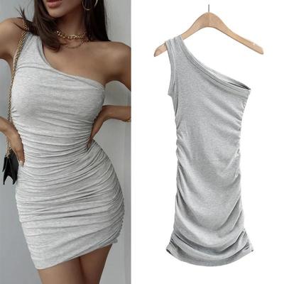 Women's One-Shoulder Slim Fit Pleated Dress – 6 Colors