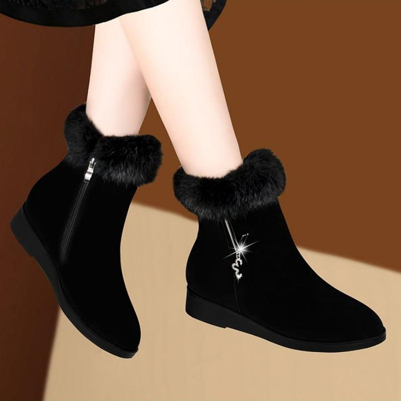 Plüsch Damenstiefel Bequeme Stiefeletten Mode Fell Schneestiefel Reißverschluss Winter Damen Baumwollschuhe Flache Sohle Rutschfeste Stiefel