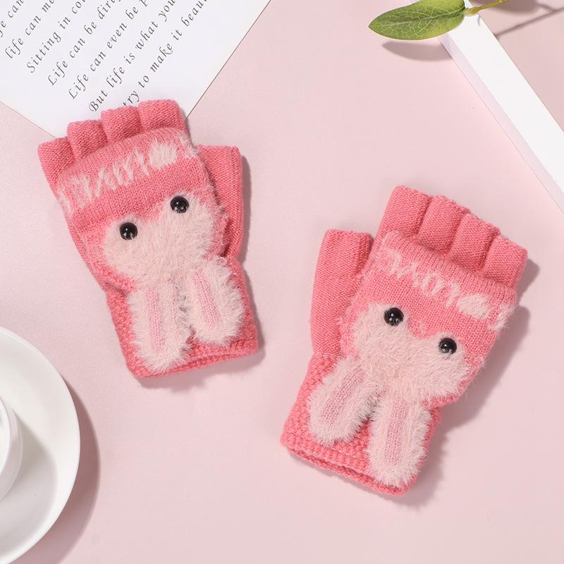 Yuan Autumn and Winter Go Out To Write Homework Comfortable, Warm and Cold-proof Cute Imitation Mink Bunny Children Flip Gloves