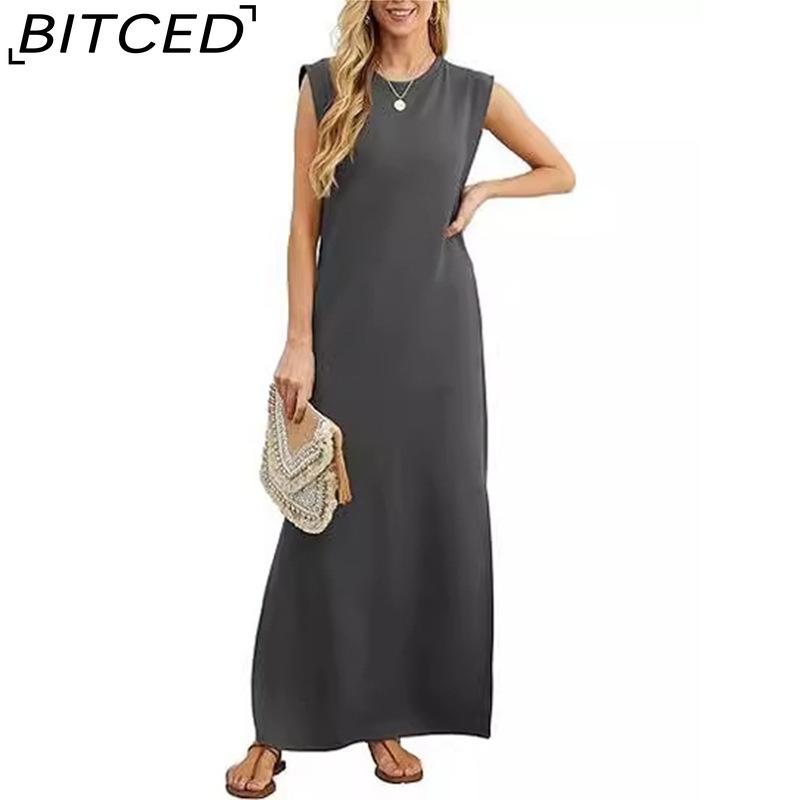 BITCED Women's Summer Solid-Colour Casual Loose-Fit Pocket Dress Long Dress